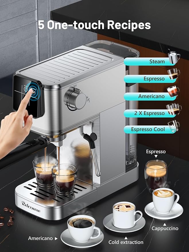 Espresso Machine, 20 Bar Professional Espresso Coffee Maker with Milk Frother Steam Wand, Hot & Iced Coffee Machine, Compact Stainless Steel Coffee Machine for Cappuccino,Latte,Cold Brew