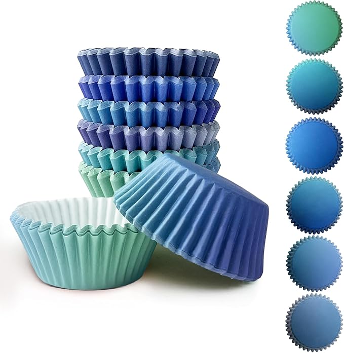 qiqee 300PCS Mini Gradient Cupcake Liners Cupcake Cups 6 Designs Blue Gradient Cupcake Papers Baking Cups Cupcake Wrappers (Small Size)