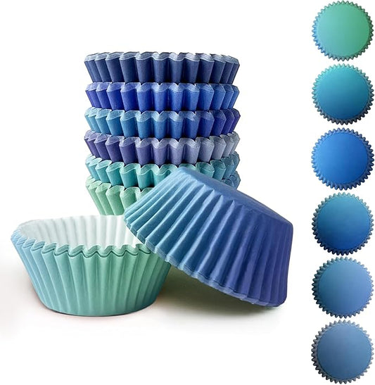 qiqee 300PCS Mini Gradient Cupcake Liners Cupcake Cups 6 Designs Blue Gradient Cupcake Papers Baking Cups Cupcake Wrappers (Small Size)