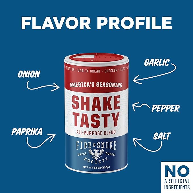 Fire & Smoke Society Shake Tasty All Purpose Seasoning | BBQ Rubs for Smoking and Grilling | Steak, Chicken, Pork, Burgers | Large 8.1 oz