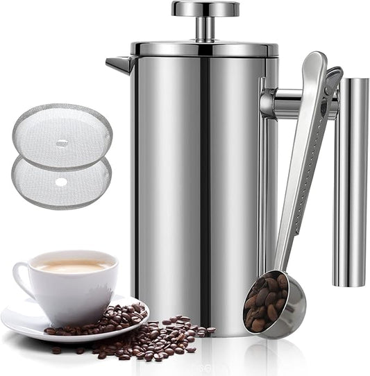 French Press Coffee Maker 34oz, Double-Wall Insulated French Press Stainless Steel 1L for travel camping, Included 2 Extra Screens and 1 Coffee Spoon ç«?-8cup 1000mlç«?,<div>
