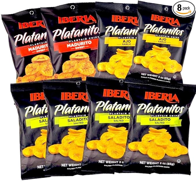 Iberia Plantain Chips, Variety, 4 Salted Plantain Chips, 2 Naturally Sweet Plantain Chips, 2 Garlic Plantain Chips, 3 Ounce (Pack of 8)