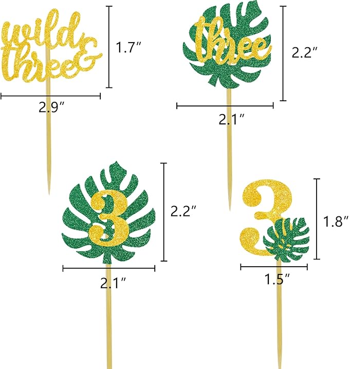 Safari Wild Three Cupcake Toppers Jungle 3rd Birthday Wild Theme Party Decoration Tropical Leaf Food Picks Gold 3