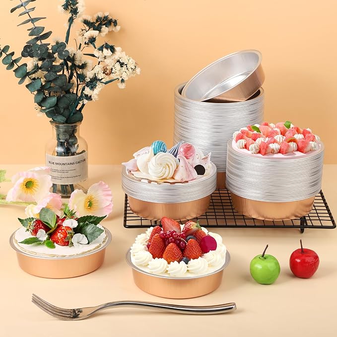 Beasea Aluminum Foil Ramekins, 7.3oz 200 Pack 4 Inch 215ml Disposable Ramekins Foil Cups No Lids Baking Ramekin Cup Cupcake Aluminum Mini Baking Cups for Party - Rose Gold