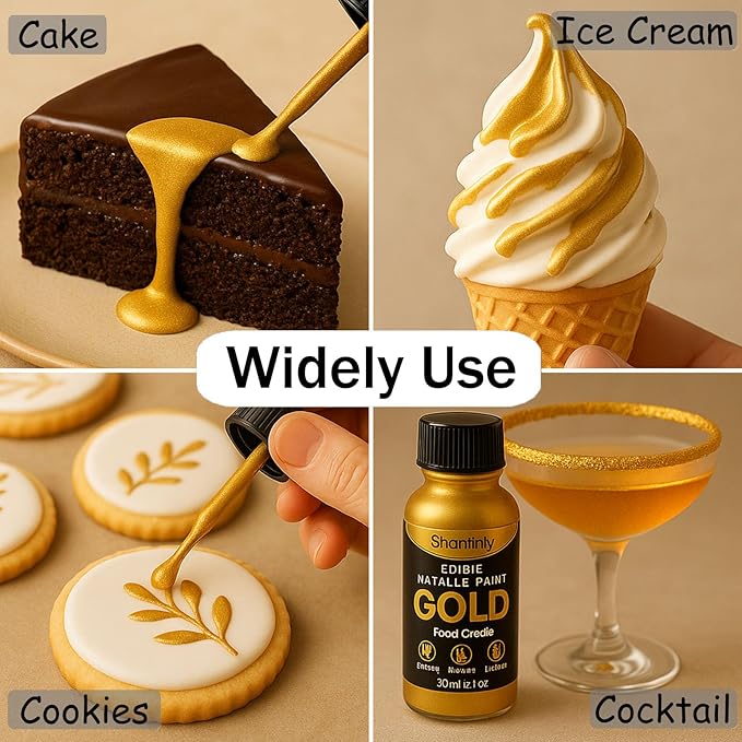 Shanlinly Gold Edible Luster Dust - 30ml Liquid Edible Cake Paint Gold Metallic Food Coloring, Perfect for Art Decorative Shimmer Cake Decorating, Cookies,Cupcakes,Cocktails,Wedding,Birthday
