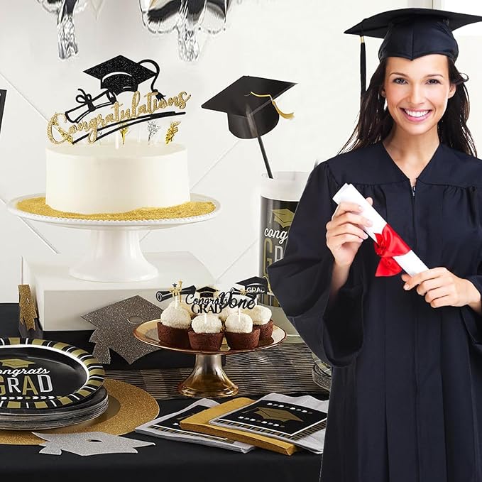 25Pcs Graduation 2024 Cake Topper Glitter Class of 2024 Cupcake Toppers 2024 High School University College Graduation Party Cake Decorations Supplies, Black and Gold