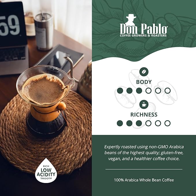 Don Pablo Colombian Decaf - Swiss Water Process Decaffeinated - Medium-Dark Roast Gourmet Coffee - 100% Arabica Whole Bean, Non-GMO, Low Acidity, 907g (2LB) Bag