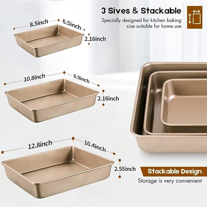 AMAGABELI GARDEN & HOME Nonstick Deep Baking Pans for Oven Tray Cake Carbon Steel Pan Baking Sheets Set of 3 Rectangle Bakeware Set for Cake Lasagna Brownie Casserole Cookie Cooking (9''/10''/13'')