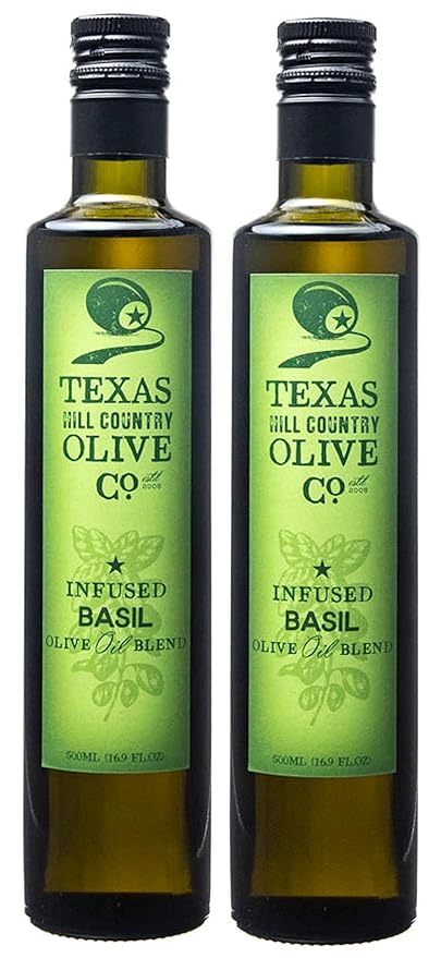 Texas Hill Country Olive Co Basil Infused Olive Oil - Cold Pressed Gourmet EVOO Olive Oil - Great for Dressing Dipping Marinade - No Artificial Flavors or Added Sugar - Made in Texas (16.9 oz, 2 Pack)