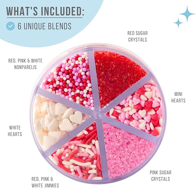 Sweets Indeed Sprinkles 6 Cell Edible Sprinkle Mix Jimmies Perfect for Cake Decorations Baking Ice Cream Cookies Cupcake Topper (Sweetheart)