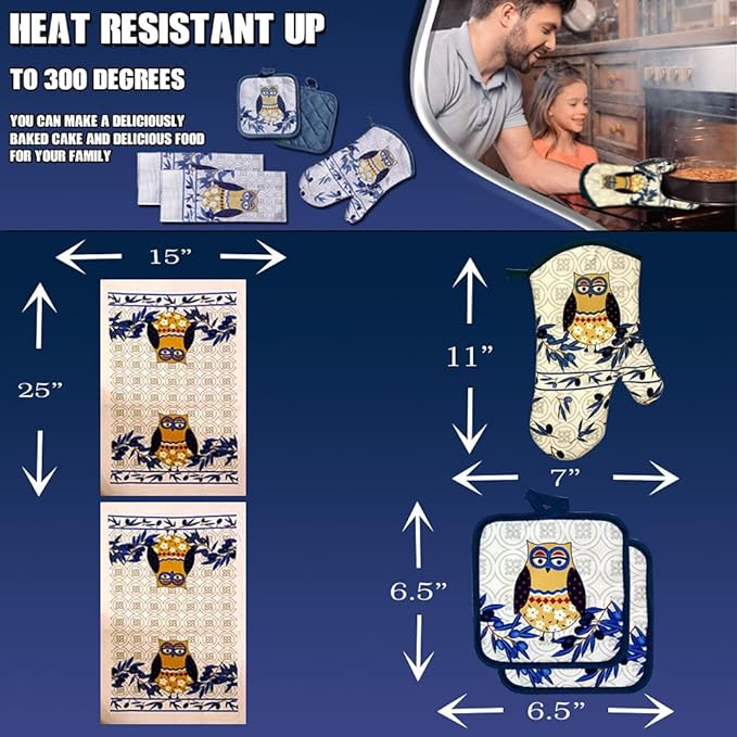 Lobyn Value Packs: Whimsical Blue Owl 5 Piece Kitchen Towel Set, includes 2 Decorative Dish Towels, 1 Oven Mitt & 2 Potholders for Enchanting Style