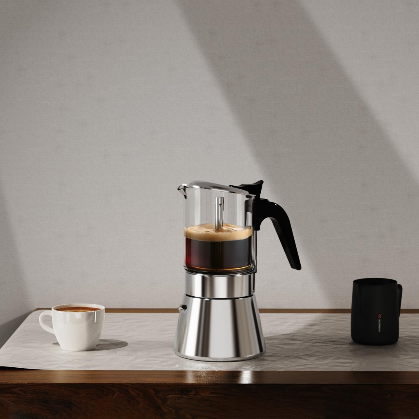 SIXAQUAE Moka Induction Stovetop Espresso Maker,Crystal Glass-top & Stainless Steel Espresso Moka