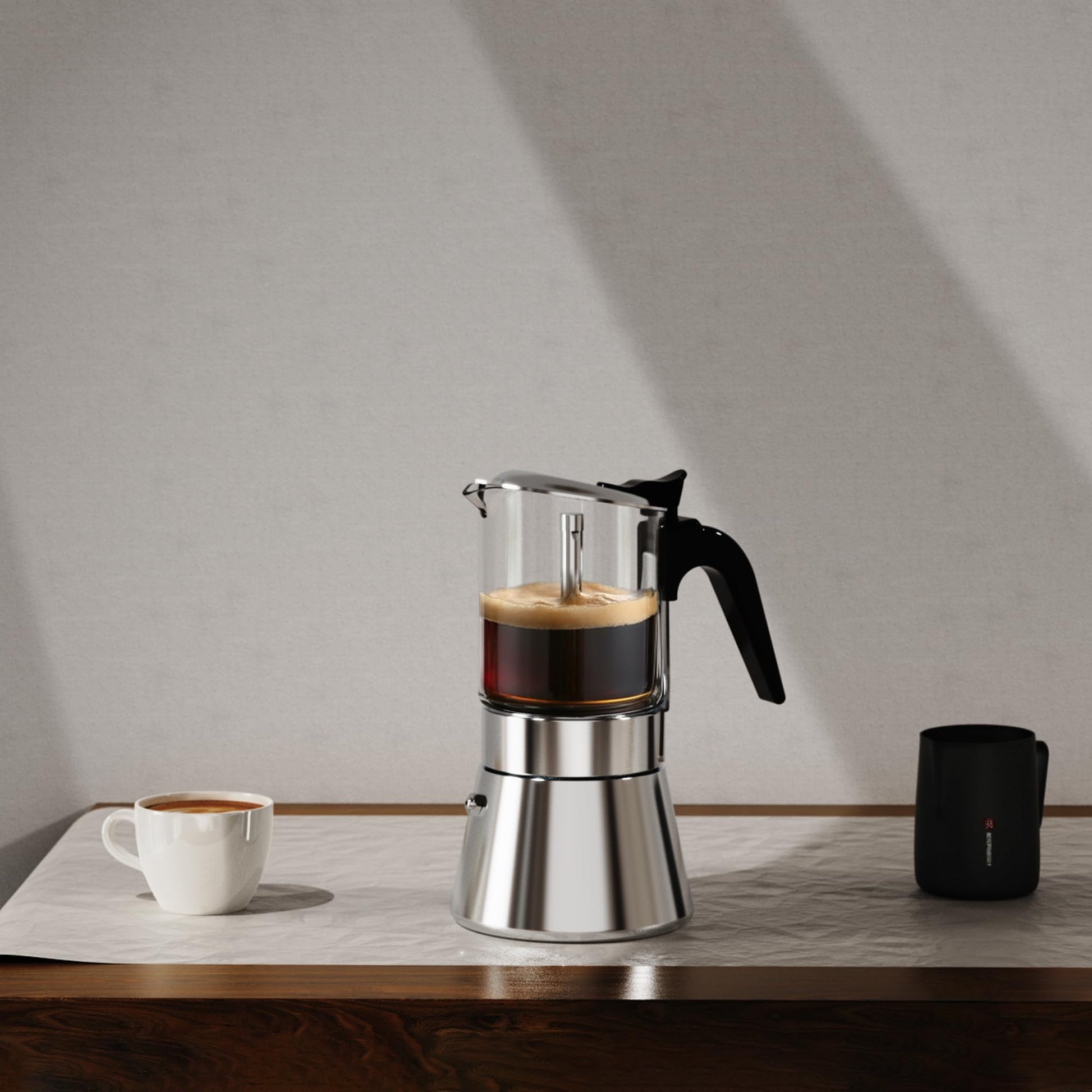 SIXAQUAE Moka Induction Stovetop Espresso Maker,Crystal Glass-top & Stainless Steel Espresso Moka