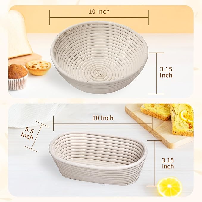 Banneton Proofing Basket Set,10 Inch Round & Oval Natural Rattan Sourdough Bread Proofing Basket Reusable Bread Baking Supplies with Sourdough Starter Jar, Perfect for Artisan Loaf Shaping
