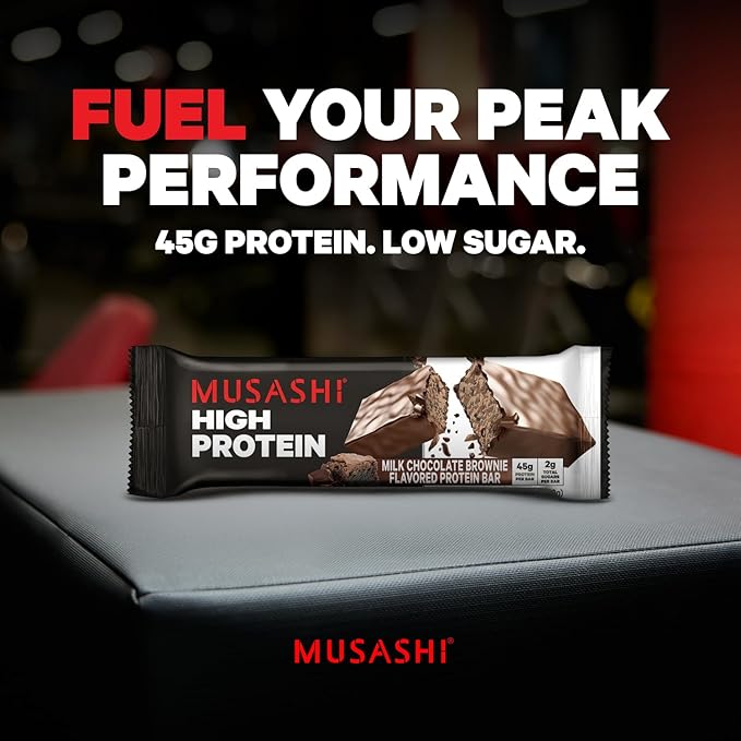 MUSASHI High Protein Bar, 45g Protein, 2g Total Sugars, Milk Chocolate Brownie, Post Workout and Protein Snack On The Go, 12 Pack of 3.2oz (90g) Bars