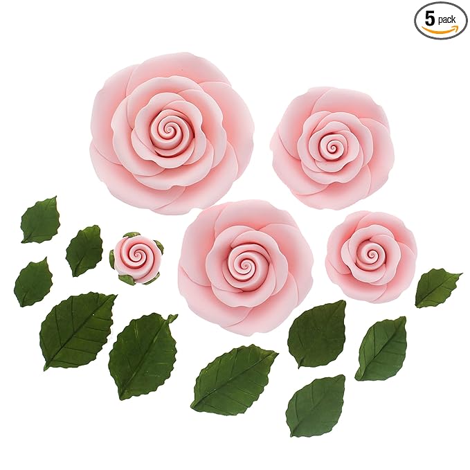 Global Sugar Art Edible Exquisite Rose & Leaf Tray Sugar Cake Flowers, Pink Unwired, 5 Count by Chef Alan Tetreault