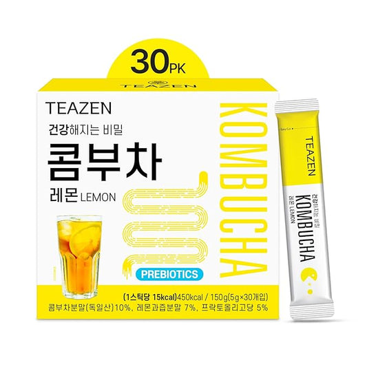 TEAZEN Lemon Kombucha Tea, Hydration Drink Mix, Sugar Free, Live Probiotics & Prebiotics, 30