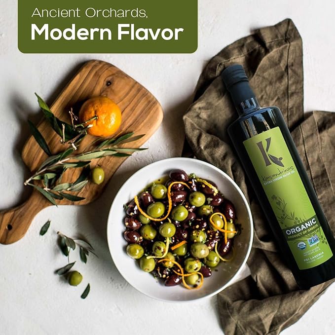 Kasandrinos Organic Olive Oil Extra Virgin, Polyphenol Rich Greek Olive Oil, 100% Organic First Cold Pressed, Mild + Delicate Flavor, Verified by Non GMO, 1 L / 33.8 oz