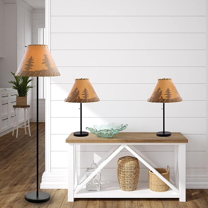 Catalina Lighting 19908-000 Rustic Cabin Lodge 3-Piece Table & Floor Lamp Set, LED Bulb NOT Included, 58", Forest Print,Set of 3