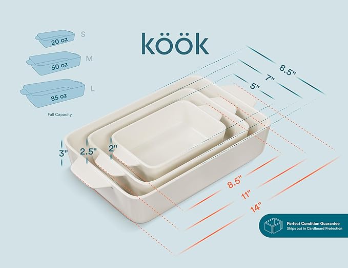 Kook Casserole Dishes for Oven, Ceramic Bakeware Set, Rectangular Baking Dishes, For Casseroles, Lasagna, Cake, Small, Medium & Large Pans, Microwave & Dishwasher Safe, Set of 3 (Cream)