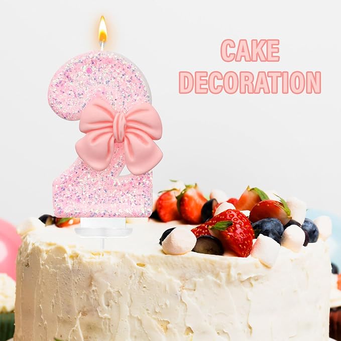Pink Glitter Bow Cake Candles, 2 Pack, Smokeless, Eco-friendly, Decorative, Unscented, Indoor Use, Modern Style, Number Theme, Perfect for Birthdays