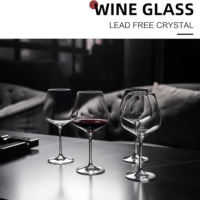 Red Wine Glasses Set of 4, Hand Blown Italian Style Crystal Burgundy Wine Glasses, Lead-Free Premium Clear Glass [23 oz/650ml，4 Pack ]