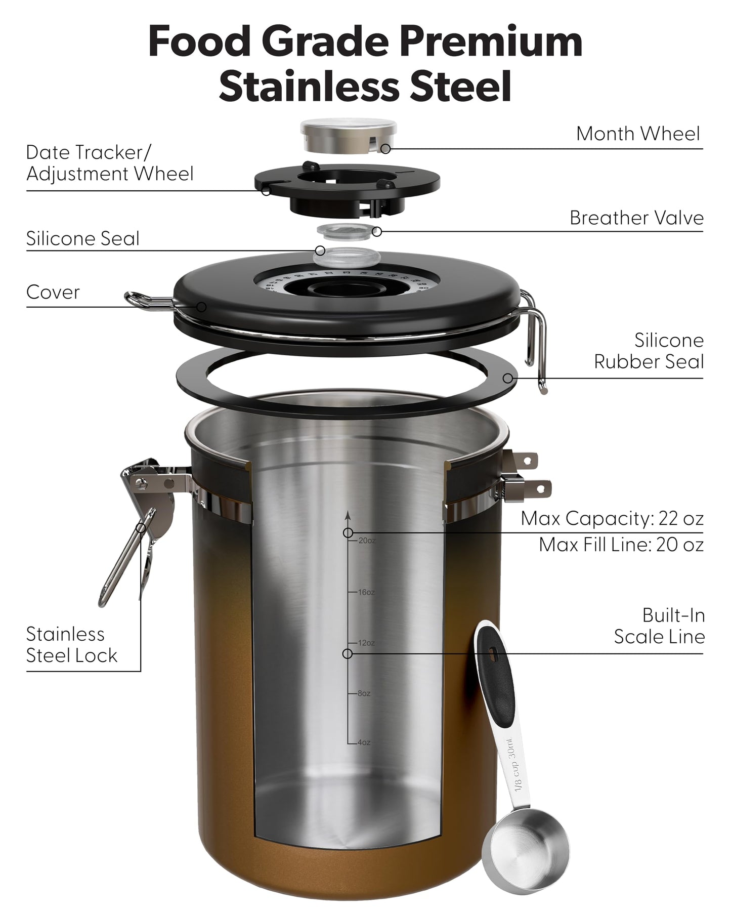 Veken Coffee Canister with Window, Airtight Stainless Steel Container, 22OZ
