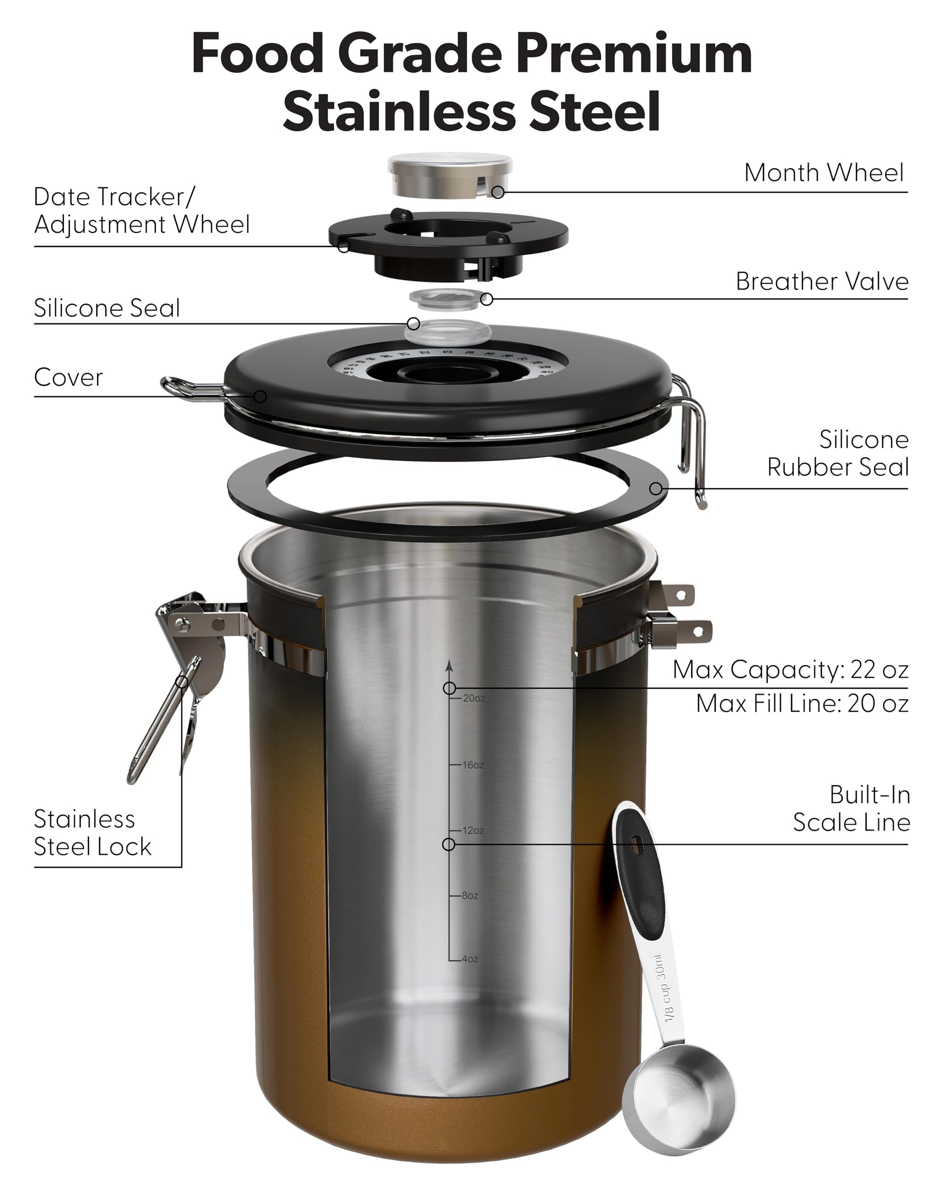 Veken Coffee Canister with Window, Airtight Stainless Steel Container, 22OZ