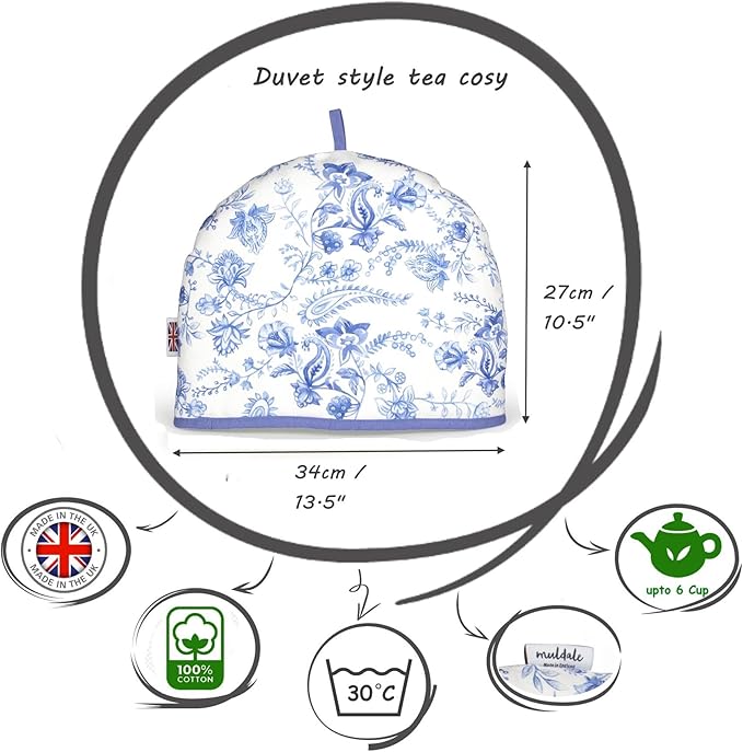 Muldale Large Tea Cozy for Teapot British - 100% Cotton Extra Thick Wadding Tea Pot Cover Designed in England - Insulated Teapot Cozy for English Tea Sets - Vintage Blue Floral