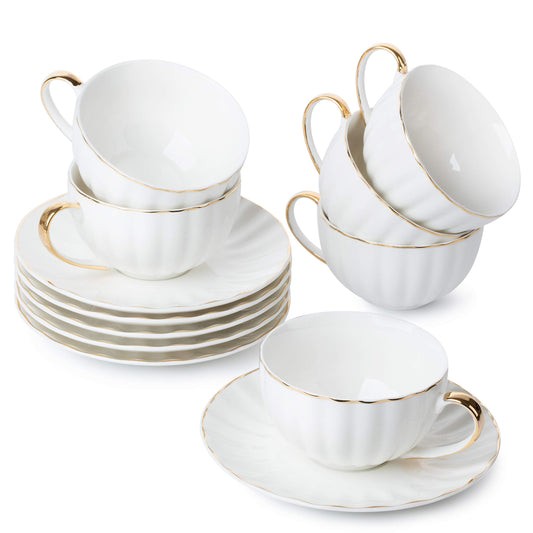 BTaT- Cappuccino Cups with Saucers 7 oz, Set of 6, Golden Trim Design