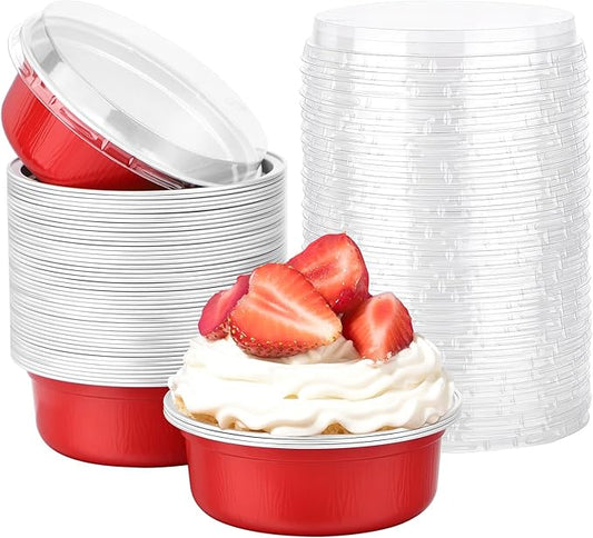 Beasea Disposable Baking Cups With Lids, 50 Pack 8.8oz 260ml Aluminum Foil Ramekins 4 Inch Round Baking Mini Cupcake Oven Cups for Party - Red