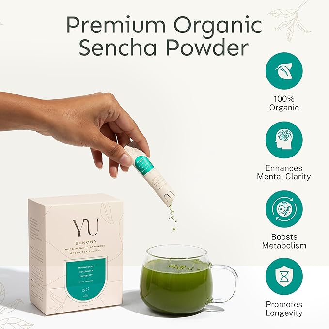 Yu Tea Organic Sencha Green Tea Powder | Rich in Antioxidants, EGCG, & L-Theanine | Pure Japanese First Harvest Leaf | Low Caffeine & Unsweetened | Resealable Pouch, 2.65 oz, 100 Servings