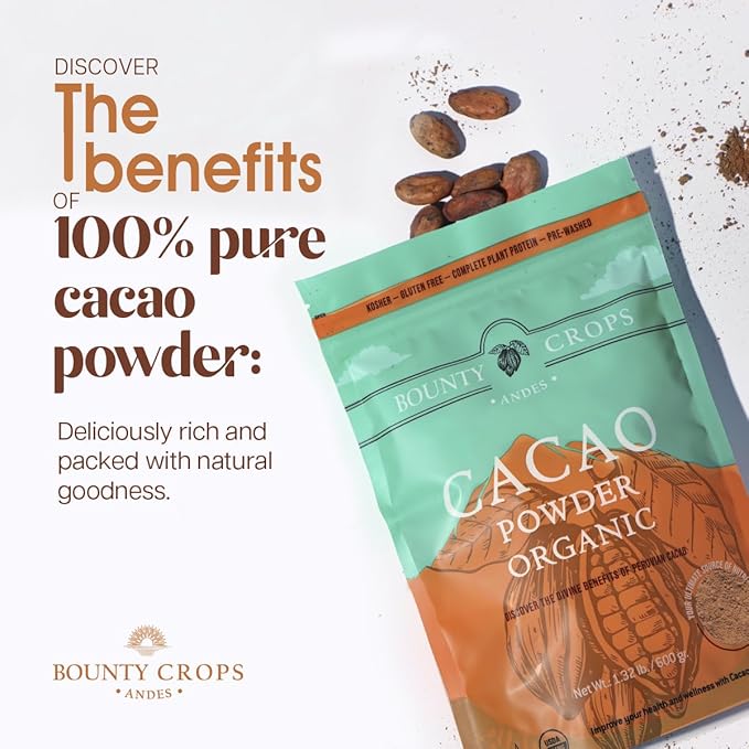 Bounty Crops Organic Cacao Powder (1.3 lb, 21 oz, 600 gr), Unsweetened Cacao with Dark Chocolate Flavor, Fruit Notes, Certified Organic, Non GMO, Gluten Free and Vegan