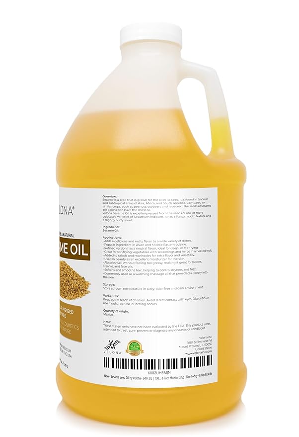 Sesame Seed Oil by Velona - 64 Fl Oz | 100% Pure and Natural Carrier Oil | Refined, Expeller Pressed | Cooking, Skin, Hair, Body & Face Moisturizing | Use Today - Enjoy Results