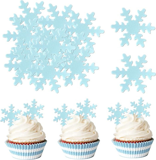 Rsstarxi 50 Pack Edible Snowflake Cake Toppers Snowflakes Cake Decorations Winter Frozen Snowflake Cupcake Toppers for Winter Theme Baby Shower Birthday Party Cake Decorations Blue