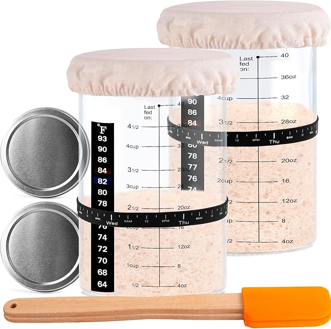 Sourdough Starter Jar Kit, 40 OZ 2 Pack Sourdough Starter Jar with Date Marked Feeding Band, Thermometer, Scraper, Sewn Cloth Cover and Metal Lid. Sour Dough Bread Baking Supplies