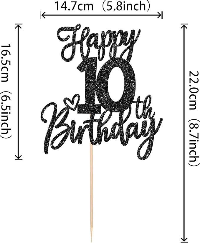1 PCS Happy 10th Birthday Cake Topper Glitter Cheers to 10 Years Birthday Cake Pick Ten 10 Fabulous Cake Decoration for Happy 10th Birthday Anniversary Theme Party Decorations Supplies Black