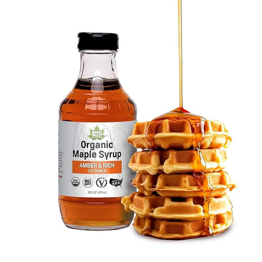 Maple Valley Organic Pure Maple Syrup, Amber & Rich, Better Than Pancake Syrup, Use for Coffee or All-Natural Sugar Substitute in Cooking and Baking (16oz Glass Bottle)