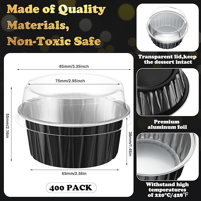 Gejoy 400 Pcs Aluminum Foil Baking Cups with Lids 5 oz Disposable Ramekins Mini Cake Pans Creme Brulee Cupcake Liners Muffin Tins Flan Mold Dessert Container for Wedding(Black,Classic)