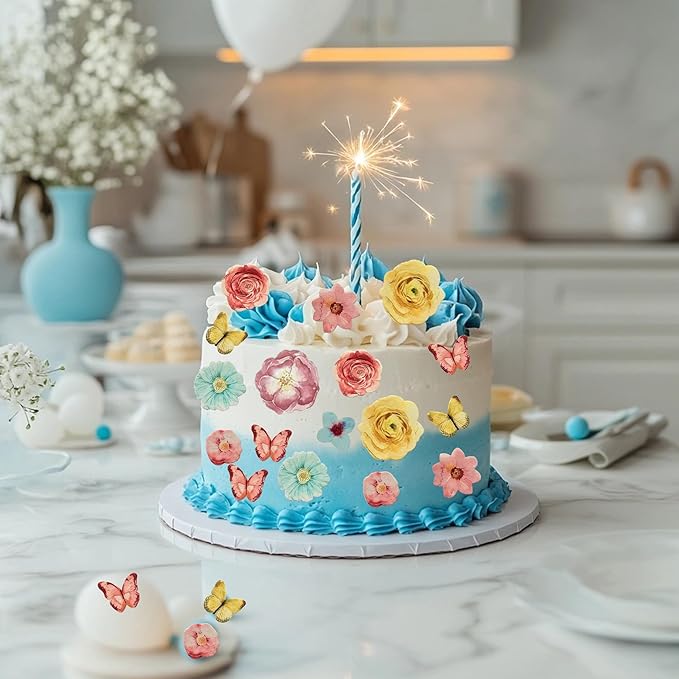 102 PCS Edible Flowers Butterfly Cupcake Toppers Rose Daisy Butterflies Flowers Cake Toppers Flowers Party Decorations for Wedding Engagement Birthday Party Decorations Supplies Mixed Size & Colour
