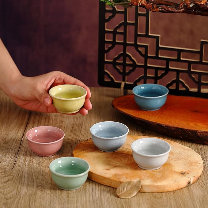 Skyley 6 Pieces Korean Soju Shot Glasses Sets Porcelain Cups Korean Ceramic Cups Tea Accessories Drinkware, Handcrafted Ceramic (Morandi,Classic Pattern)