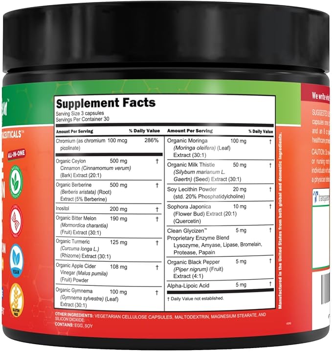 Clean Nutra Berberine and Ceylon Cinnamon Supplement Bitter Melon Glucomannan Gymnema Sylvestre Chromium Moringa Milk Thistle Turmeric Apple Cider Vinegar Digestive Enzymes Inositol Pills 90 Capsules