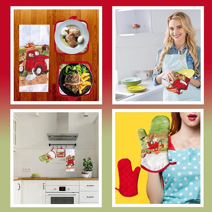 Lobyn Value Packs: 5 Piece Kitchen Towel Set with Vintage Red Truck Design, 2 Decorative Dish Towels, 1 Oven Mitt & 2 Potholders for Countryside Elegance