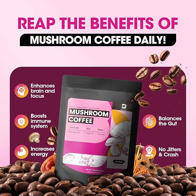 B BEWORTHS Mushroom Coffee, Slim Mushrooms Coffee Powder with Ashwagandha, Prebiotics, L-theanine, Lion's Mane, Reishi, Chaga, Turkey Tail, Mixed Arabica Instant Coffe for Focus, Immune & Gut Health