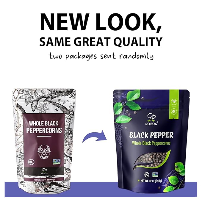 Soeos Black Peppercorns, 12oz (Pack of 1), Whole Black Pepper, Non-GMO, Kosher, Freshly Peppercorn Bulk, Packed to Keep Peppers Fresh, Ready to Use Corns for Grinder Refill
