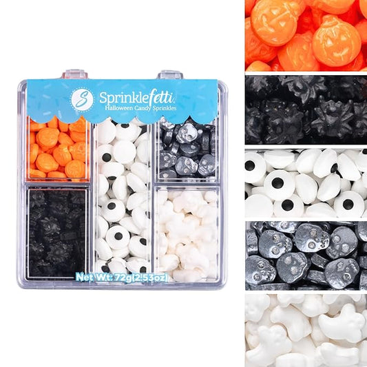 Sweets Indeed Halloween Candy Sprinkles Tacklebox ??2.53 oz Assorted Dextrose Shapes with Eyeballs, Pumpkins, Spiders, Skulls & Ghosts ??Edible Decorations for Cookies, Cupcakes & Cakes