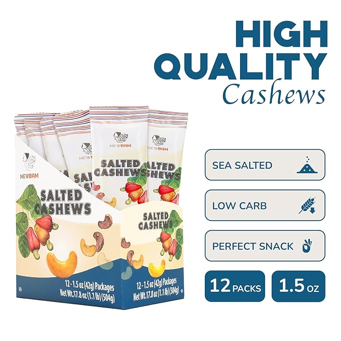 NEWBAM Lightly Salted Cashews Individual Packs - 12 Cashew Snack Packs Roasted Nuts (1.5oz Each) ??Keto, Vegan, Gluten-Free - Healthy Snacks for Trail Mix, Office, or Party - Zero Sugar
