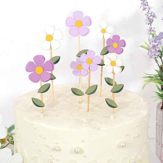 8Pcs Purple White Flowers Cake Toppers - Spring Floral Birthday Wedding Decorations,Bohemian Flower Party Cupcake Toppers,Purple Daisy Floral Cake Centerpieces,Sweet Garden Party Photo Props