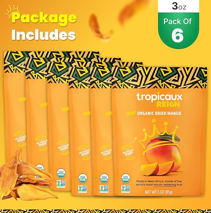 Organic Dried Mango No Sugar Added, 3oz, Pack of 6 (18oz Total) - Tasty and Nutritious Non-GMO Dried Mangoes - No Preservatives or Chemicals - Ideal Snack for Kids & Adults by Tropicaux Reign