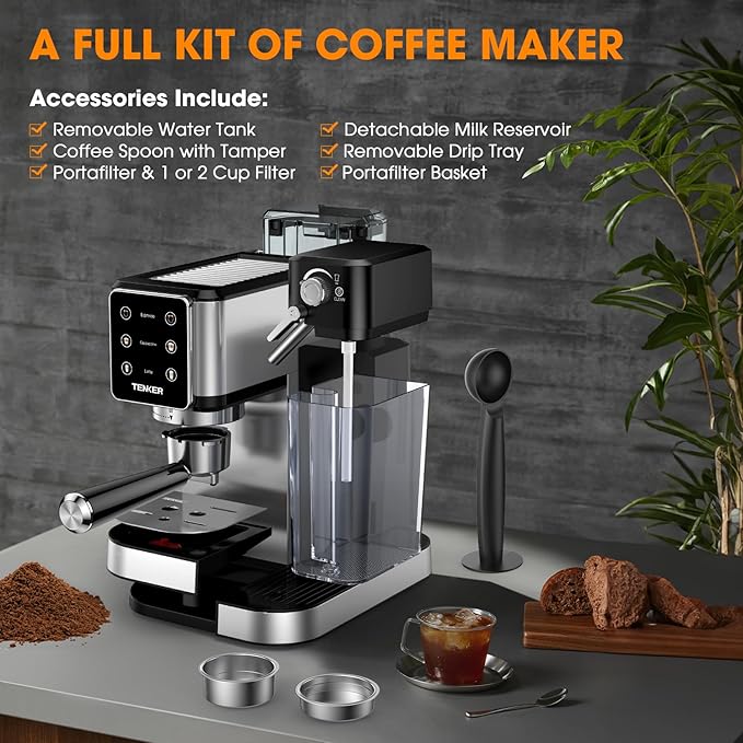 TENKER Espresso Machine, 20 Bar Cappuccino Machine with Automatic Milk Frother, 3-in-1 Coffee Machine, 1350W Dual Boiler Latte Maker, Touchscreen Espresso Coffee Maker, Stainless Steel
